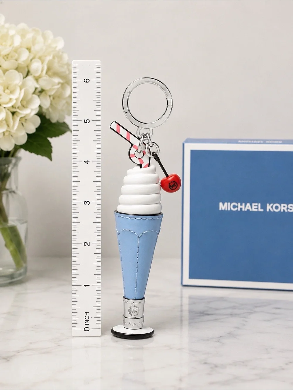 Michael Kors Ice Cream Cone Keychain Bag Charm Blue Leather Silver Tone